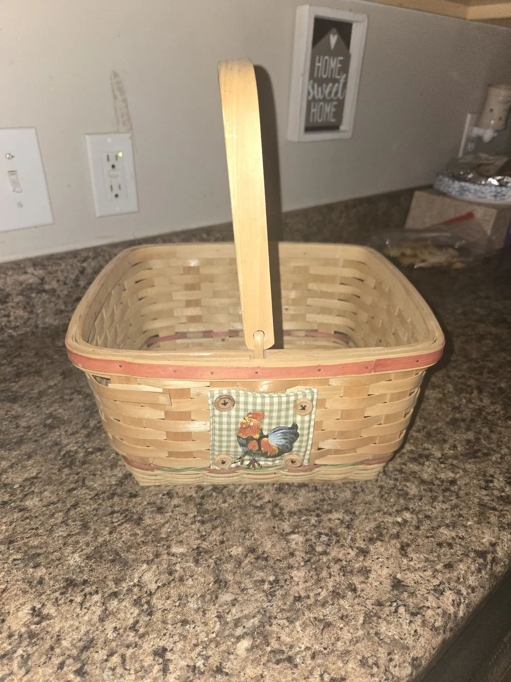 Woven Basket with Rooster Patch - Green & Brown